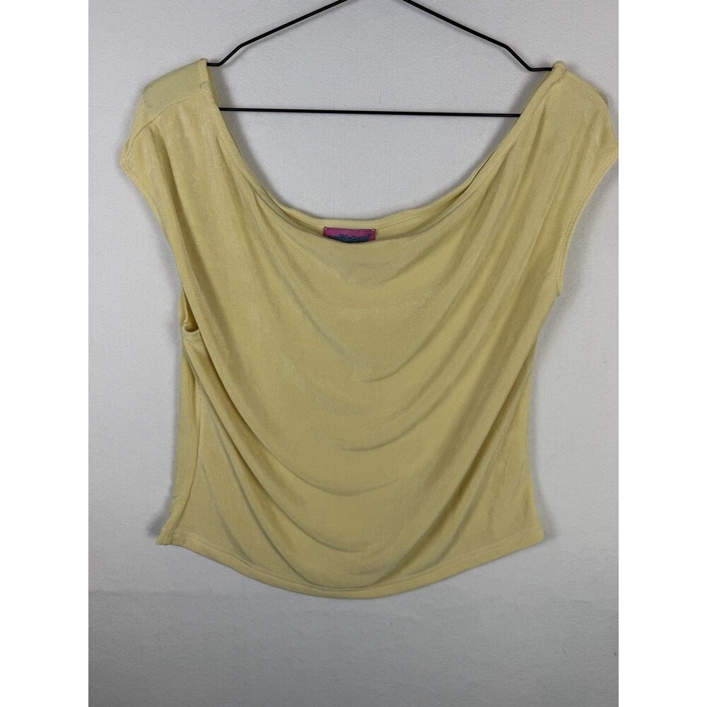 Edikted Womens Sz XL Yellow Shimmer Off The Shoulder Ruched Crop Top Y2K Glitter